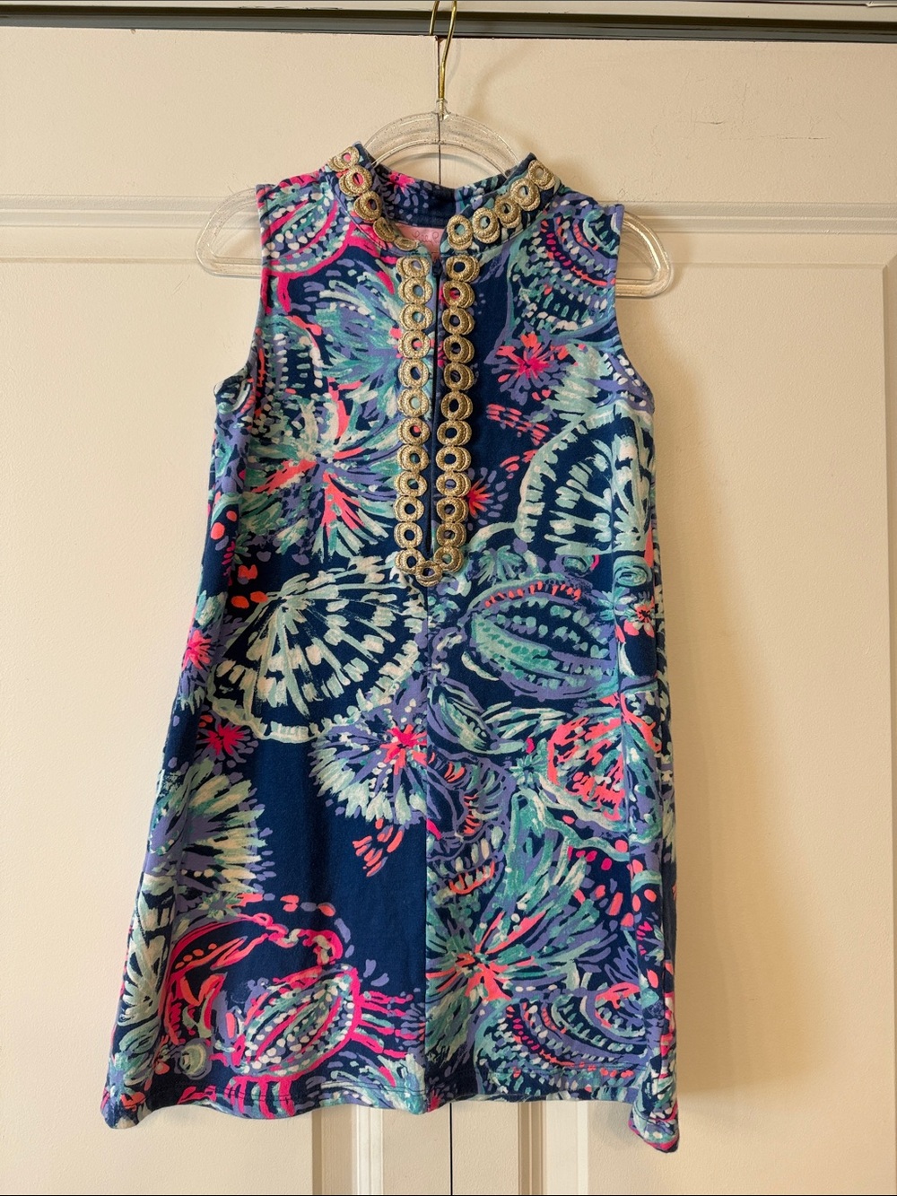 Lilly Pulitzer Navy Sleeveless Floral Shift Dress with Gold Trim
